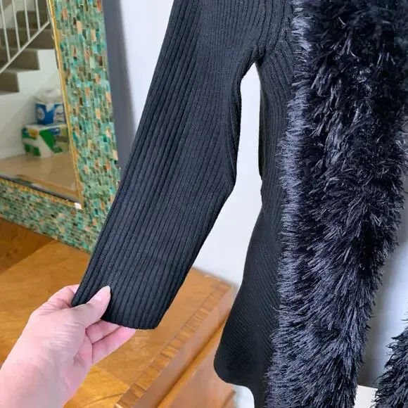 Vintage Lauren Michelle Black Ribbed Knit Cardigan Faux Fur Size L Soft & Cozy - Picture 6 of 9